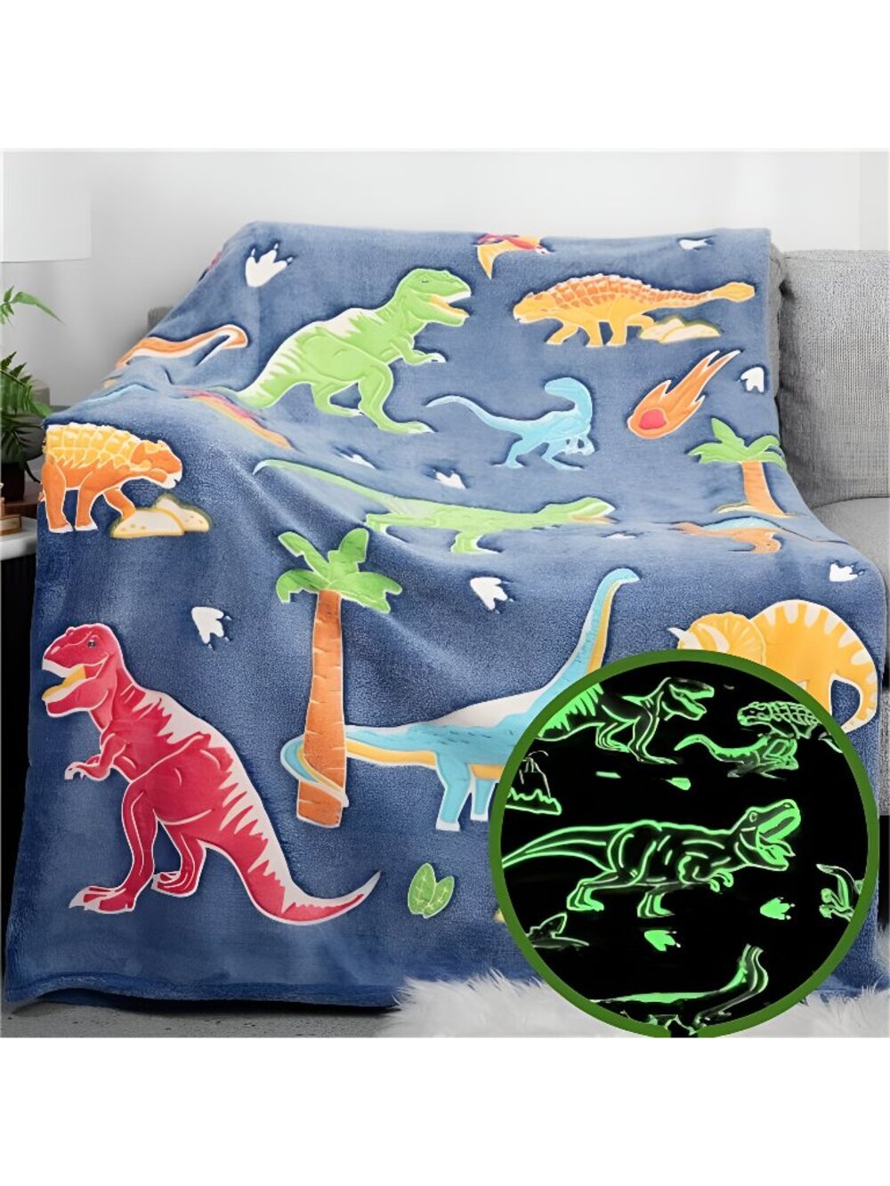 Glow in The Dark Dinosaur Blanket for Kids, 50"x60" Soft Fleece Throw Blanket